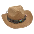 Detail of straw cowboy hat with turquoise stone and fringe beaded ethnic band - Khaki