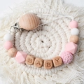 Pink silicone and beech wood baby pacifier clip with crochet beads and BABY letter blocks - Pink