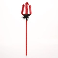 Glittery red Halloween devil pitchfork accessory with black feathers on a white background - Red Devil Trident Fork Prop