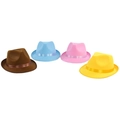 Close-up of four colorful jazz fedora hats in brown, blue, pink, and yellow with satin bands - One Size 58cm / Yellow