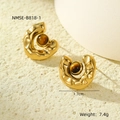 Macro shot of 18K gold-plated C-shape pleated earrings with tiger eye stone inlays - Brown Tiger Eye Style (NMSE-B818-1)