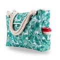 Detail of tropical leaf print tote bag showing rope handles and a side water bottle pocket - Tropical Leaves