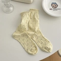 Chaussettes beige crème à pois noirs avec bordure à volants délicate pour femme - Taille unique / Jaune Lait