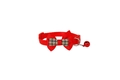 Detail of red pet collar featuring a plaid bowtie and matching red metallic bell - Red
