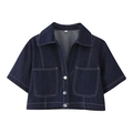 Camicia di jeans a maniche corte blu scuro con cuciture a contrasto bianche e bottoni - XS / Camicia di Denim