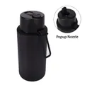Matte black 1L stainless steel water bottle with carry handle and pop-up straw - 1 L / Pop-up Straw Lid / Black - Pop-up Straw Lid