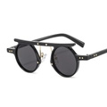 Hip hop punk style round black sunglasses with star studded metal bridge design - Black Frame Grey Lens