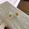 Elegant light green floral stud earrings with gold stamen and red gemstone details - Green Warm Five-petal Flower Style (8# Silver Pin)