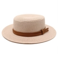 Detail of beige boater hat showing fine straw weave and double brown leather strap with buckle - Light Pink