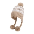 Beige Fair Isle knit trapper hat with fluffy pom-poms and warm fleece lining for winter - White Khaki