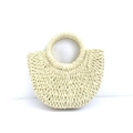 Detailed view of beige woven paper rope handbag with a minimalist round handle design - Handbag Style / Small / Off White