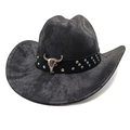 Detail of western cowboy hat featuring black leather band with silver bull skull ornament - M(56-58cm) / Tie-Dye Black