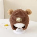 Coffee brown winter baby knit hat with double fur pom-poms and letter m patch - Letter M - Brown
