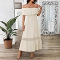 Beiges schulterfreies Maxikleid mit elastischer Taille und Details aus Spitze - S / Aprikose