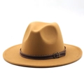 Detailed texture of khaki wool fedora with brown leather strap and bronze buckle - M (56-58cm) / Camel