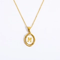 Gold stainless steel oval pendant necklace featuring a white inlay with capital letter M - Letter M - Gold