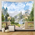 Detail eines HD-Wandteppichs mit Berglandschaft und europäischem Schloss im Digitaldruck - GT109897-Verschneites Traumschloss