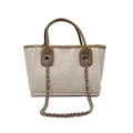 Beige woven bucket tote bag with brown leather handles and silver metal chain strap - Small / Khaki
