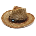 Detailed weave of hollow straw cowboy hat with turquoise bead and leather band - M (56-58cm) / Gradient Khaki
