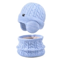 Kids light blue knitted beanie hat and neck warmer set with warm fleece lining - 2-Piece Set - Two-Tone Lake Blue