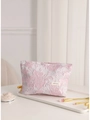 Pink embossed floral jacquard makeup bag with large capacity and elegant gold handle - Large / Jacquard Peach Pink