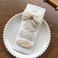 Beige lace bow hair clip set with 4 floral embroidery pieces and elegant pearl decor - Bow Pearl Lace Checkered Clip
