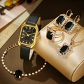 Luxury black leather strap square quartz watch set with matching black gemstone jewelry - Black Square Rhinestone 5-Piece Jewelry Set