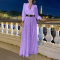 Detail of purple V-neck sequined long sleeve shirt with elegant high waist belt - Purple with Belt