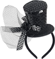 Black sequin mini top hat headband with veil and rose for Halloween party decor - Black Ribbon Mesh Bowknot