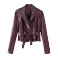 Chaqueta corta ajustada de cuero PU burdeos con cuello de solapa y cinturón - S / Burdeos