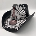 Detail of black cowboy hat with silver chain and white guitar pattern print - Black Guitar Pattern Silver Chain