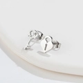Asymmetric silver stainless steel stud earrings featuring a heart lock and key design - 526 Key & Heart Lock - Steel
