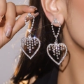 Sparkling silver heart drop earrings with rhinestone tassels for a luxury aesthetic style - Silver Tassel Double Heart Nested Style (DTE1516018S-W)