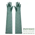 Elegant long dark green tulle bridal gloves with white pearl beads, 55cm length - Dark Green (Full Finger With Pearls)