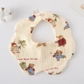Floral soft cotton baby bib featuring cartoon bear and rabbit prints in cream white color - Gauze Flower Wrap - Snow Rabbit