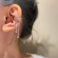 Silver elf ear cuff with cascading chain tassels and sparkling rhinestone accents - Silver Three Ball Tassel Ear Cuff (1618)