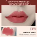 Carmela matte velvet lip mud in #06 Soft Matte Peach showing lip and arm swatches - 6.5g / 06# Soft Mist Peach