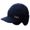 Navy blue winter knit hat with ear flaps and visor, warm thick fleece lining for outdoors - Thick Double Layer (Non-Fleece) Knitted Earflap Hat - Navy Blue