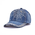 Blue denim baseball cap with rhinestone spider web pattern and studded brim for a punk style - Spider Web Pattern Rhinestone (Medium Blue)