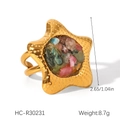 Detail of starfish ring in gold metal with colorful natural stone inlay and dimensions - Starfish Design Multi-Color Crushed Stone Style (HC-R30231)