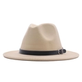Classic beige wool fedora hat with black leather belt and silver buckle detail - M / Beige