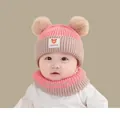 Pink and beige striped baby knit hat and scarf set with cute pom-poms for winter warmth - Best Friends Set Pink (2 Months - 2 Years)