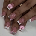French tip press-on nails with pink bows and rhinestones on short square nails - JP4291 Style