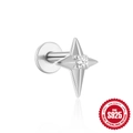Sparkling S925 sterling silver four-point star cartilage stud with round zircon stone - White Gold Style 3-Cross Star
