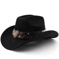 Detail of black cowboy hat with heart metal buckle and rhinestones on a paisley band - M (56-58cm) / Black
