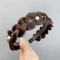 Brown braided fishtail headband featuring elegant white pearl embellishments for women - Pearl Style / Dark Brown