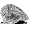 Sparkling silver sequin captain hat with metallic studs and colorful rhinestones for party - Silver