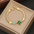 Bracelet rétro en acier doré avec trèfle vert et perle turquoise sur chaîne serpent - 3# Trèfle à Quatre Feuilles