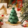 Green Christmas tree scented candle with festive ornaments and golden bell detail - Christmas Tree Shape Candle - Green
