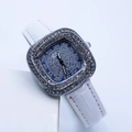 Close-up of square watch dial with blue and silver rhinestones on a white leather strap - White Silver Case